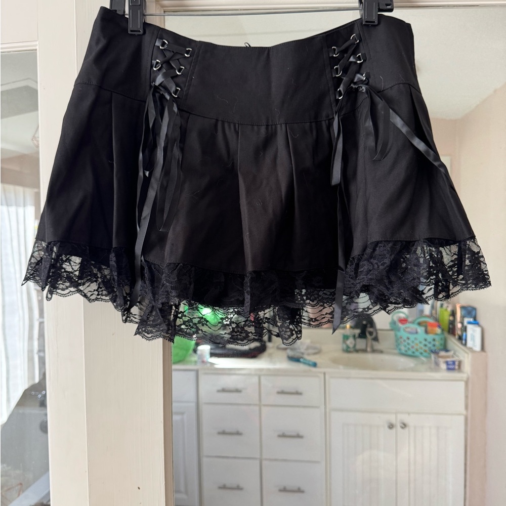 Widow Black Lace-Up Skirt with Lace Trim
